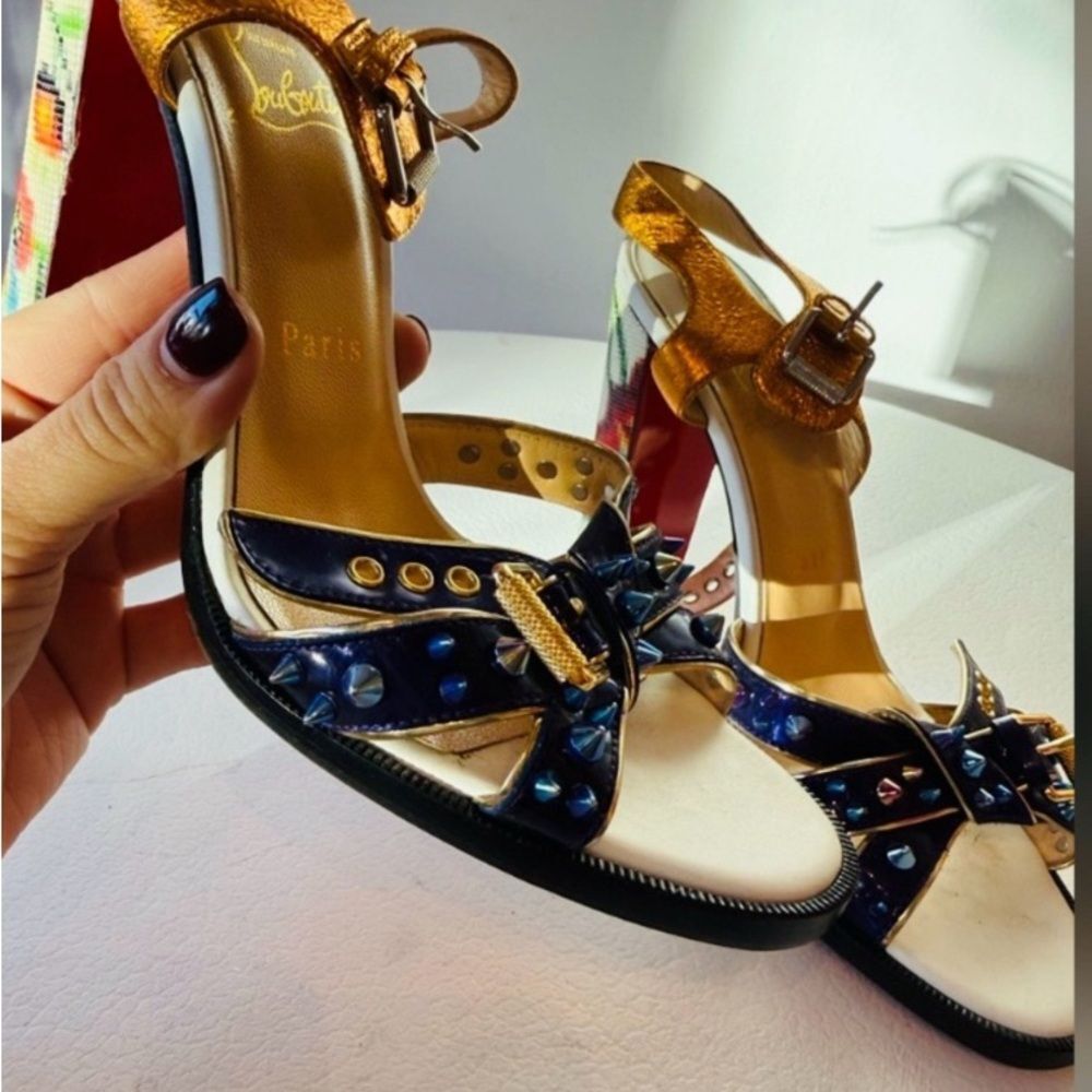 Christian Louboutin Metallic Gold & Blue Studded Women’s High Heel Sandals